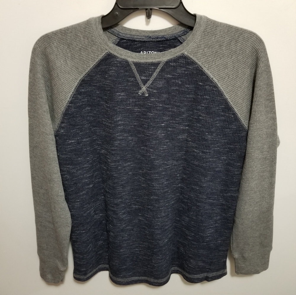 Arizona Jeans Long Sleeve Crew Neck Thermal Knit Shirt Blue Grey Boys Size Large